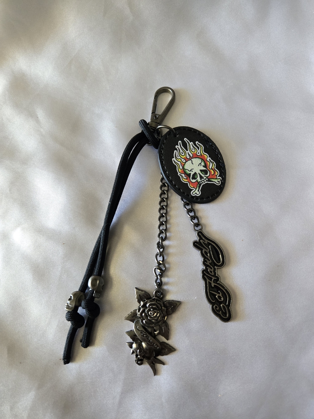 Ed Hardy Black Bag Charm/ Keychain with Flaming Skull and Rose